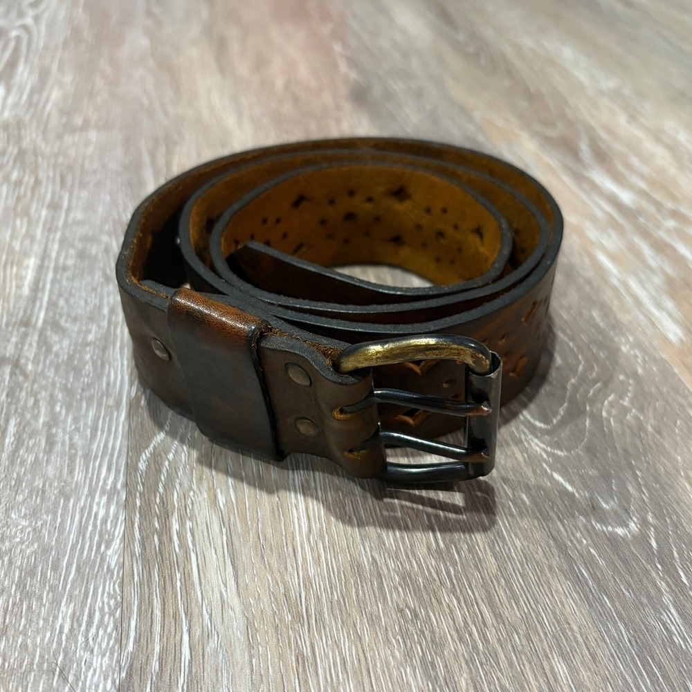Vintage Distressed Brown Leather Perforated Belt Double Prong Buckle 44 Inch
